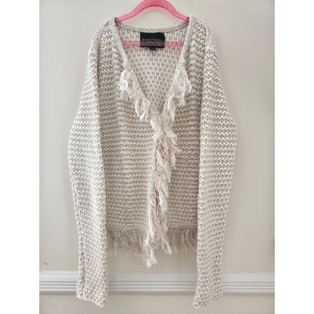 Etcetera Womens‎ Chunky Knit Fringe Cardigan Cream Tan Cotton Sweater Small